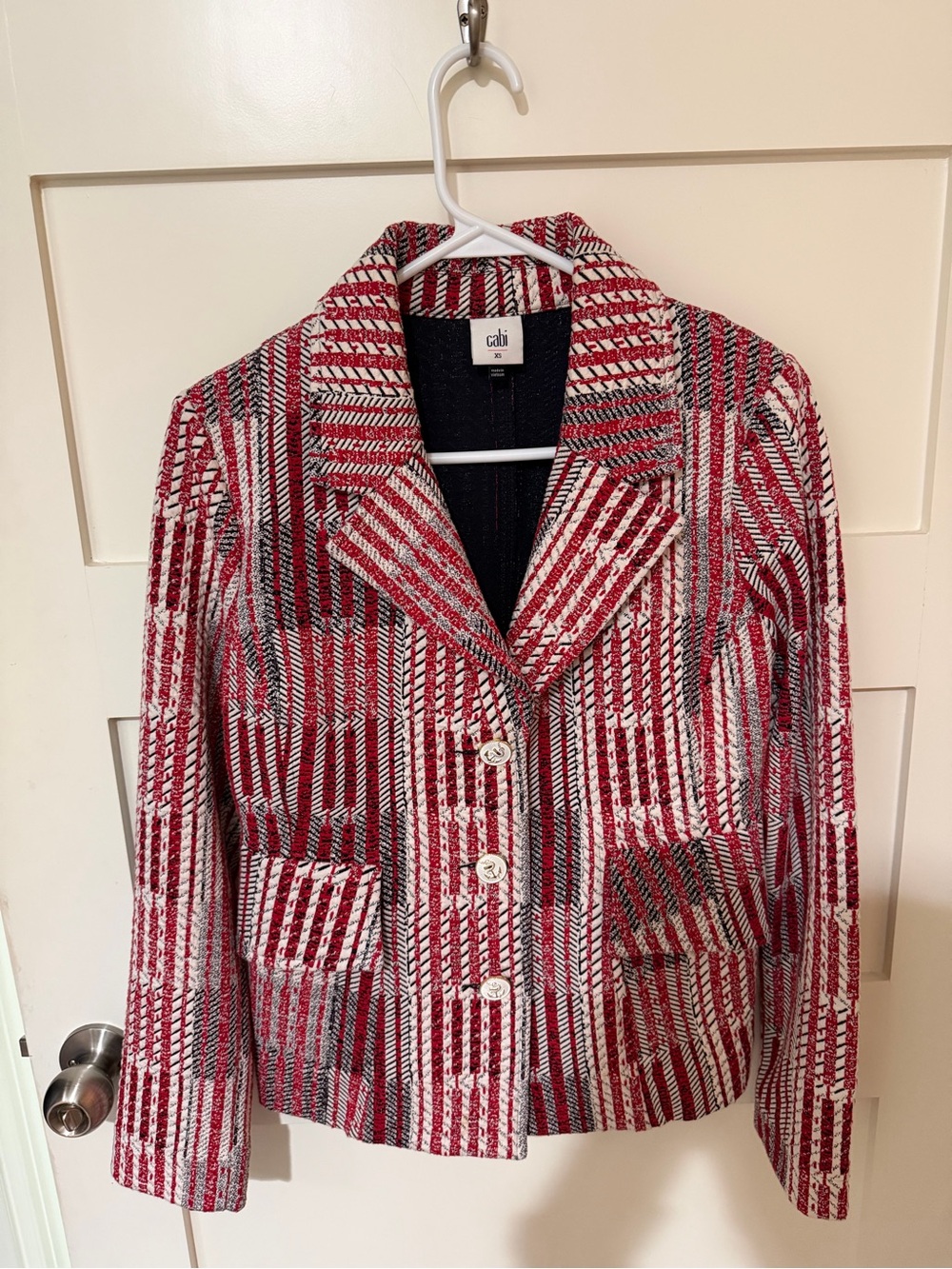 CAbi Red and White Patterned Button-Front Blazer